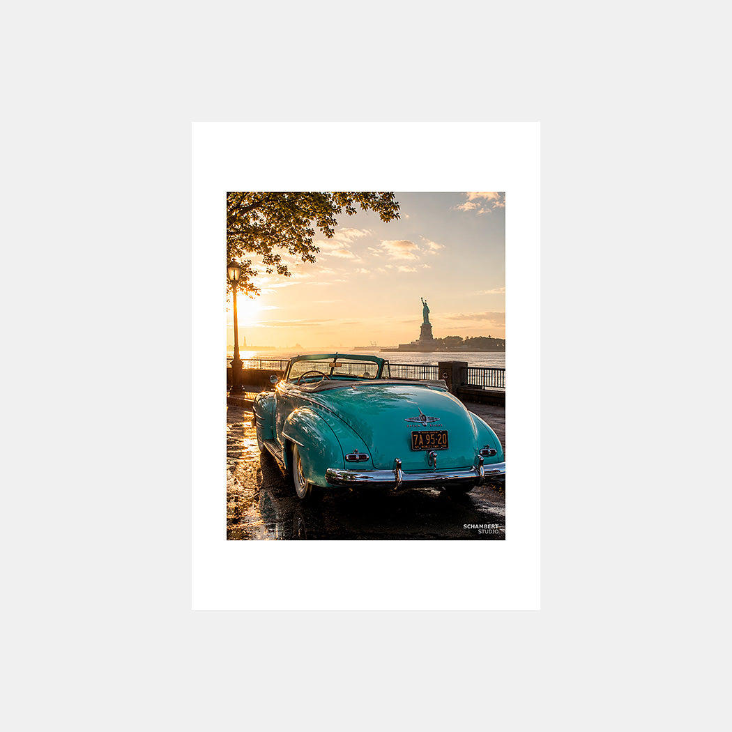 Battery Park | Affiche auto vintage New York 1940s - Design avec marge unie.