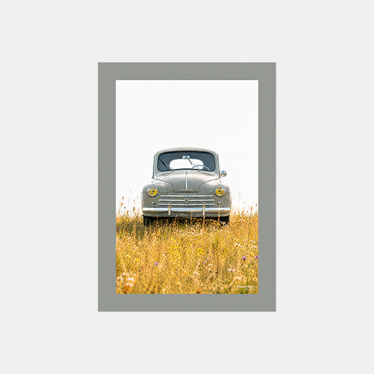 4 CV – Eté | Affiche auto vintage en prairie dorée estivale - Design avec marge couleur.