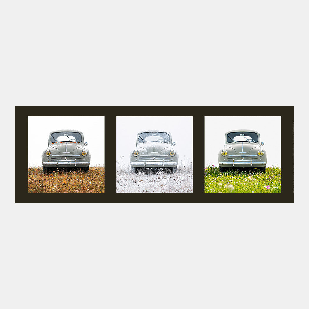 4 CV – Automne Hiver Printemps | Affiche auto vintage triptyque - Design avec marge couleur.