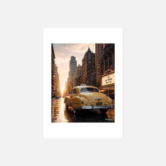 Theater District Times Square | Affiche auto vintage New York 1940s - Design avec marge unie