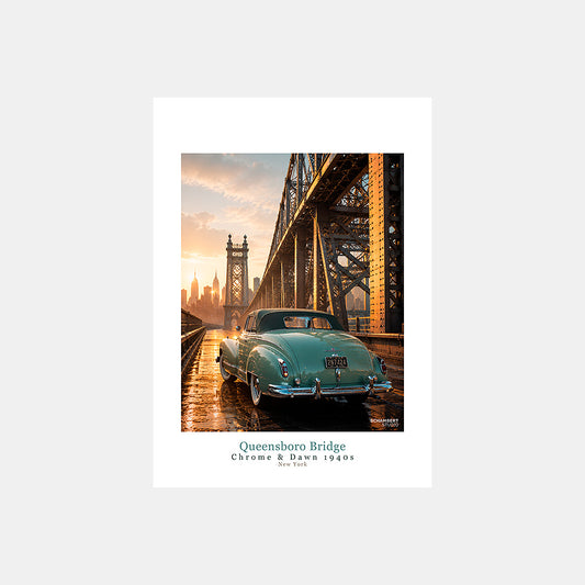 Queensboro Bridge | Affiche auto vintage New York 1940s - Design avec légende.