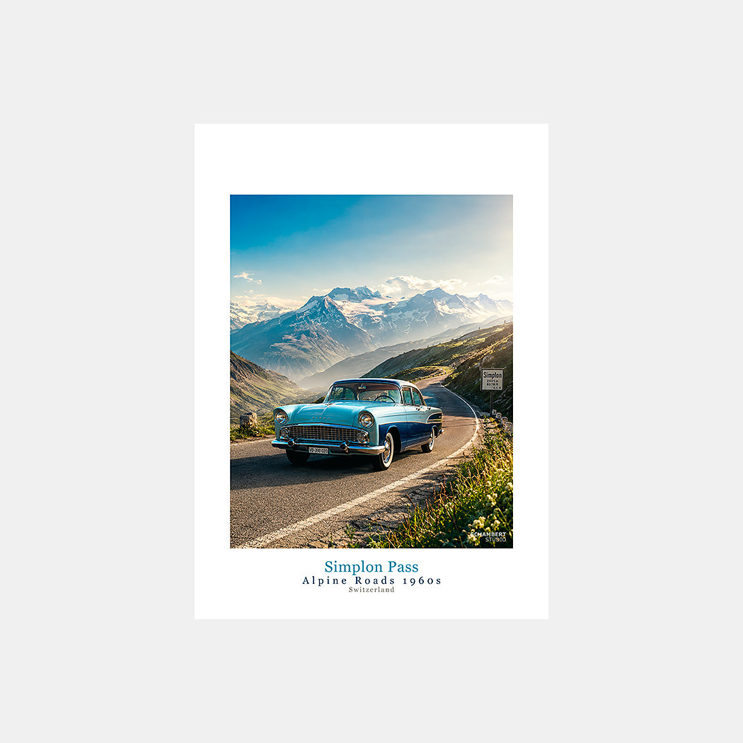 Simplon Pass | Affiche auto vintage Alpine Roads 1960s - Design avec légende.