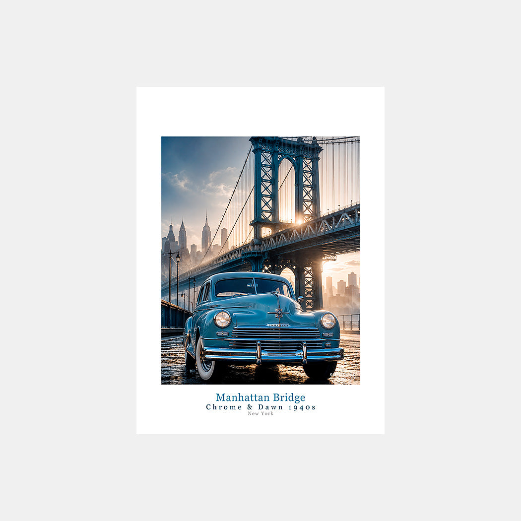 Manhattan Bridge | Affiche auto vintage New York 1940s - Design avec légende