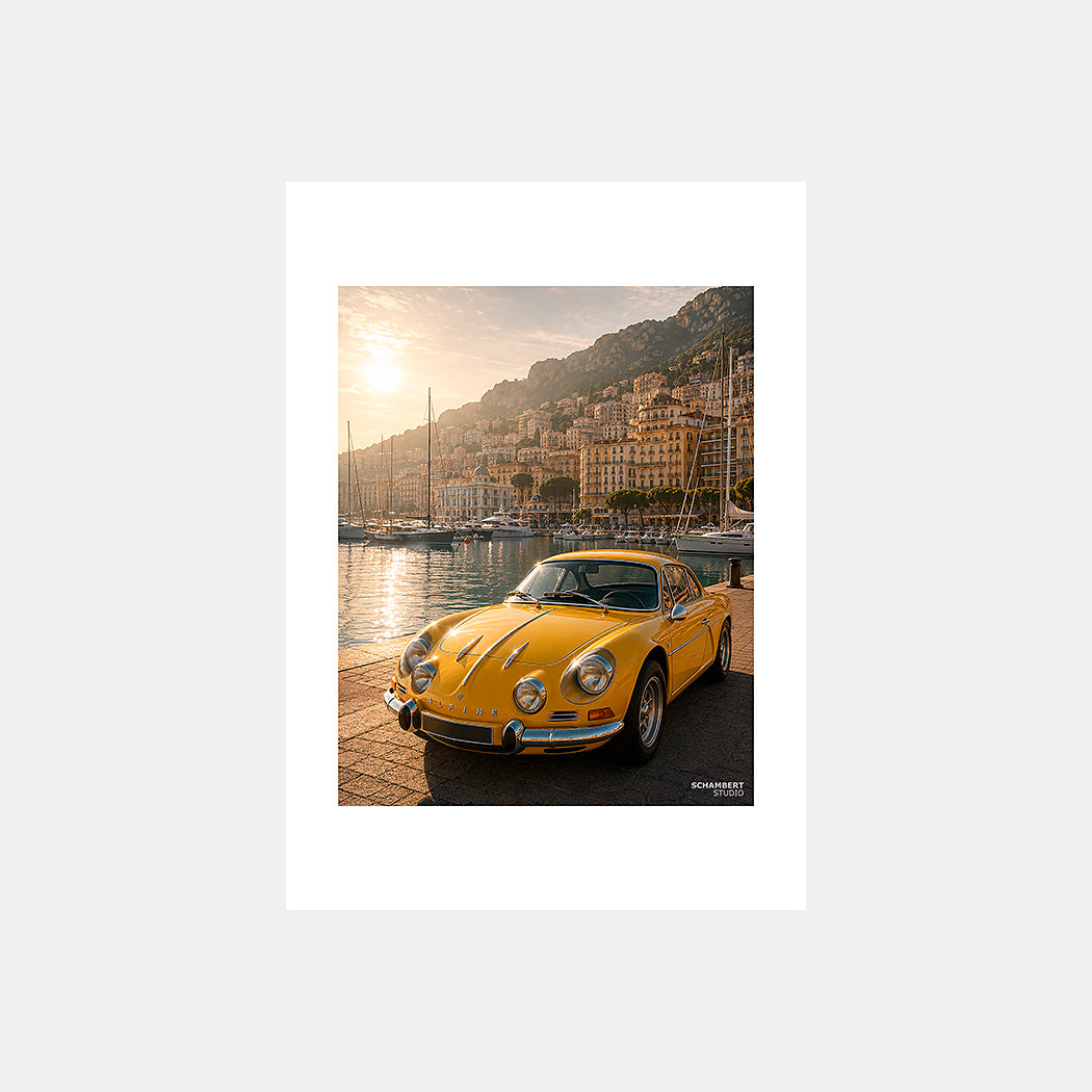 Monaco | Affiche auto vintage Coastal Roads 1970s French Riviera - Design avec marge unie.