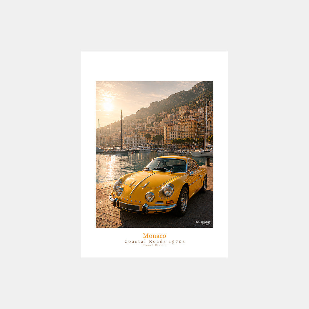 Monaco | Affiche auto vintage Coastal Roads 1970s French Riviera - Design avec légende.