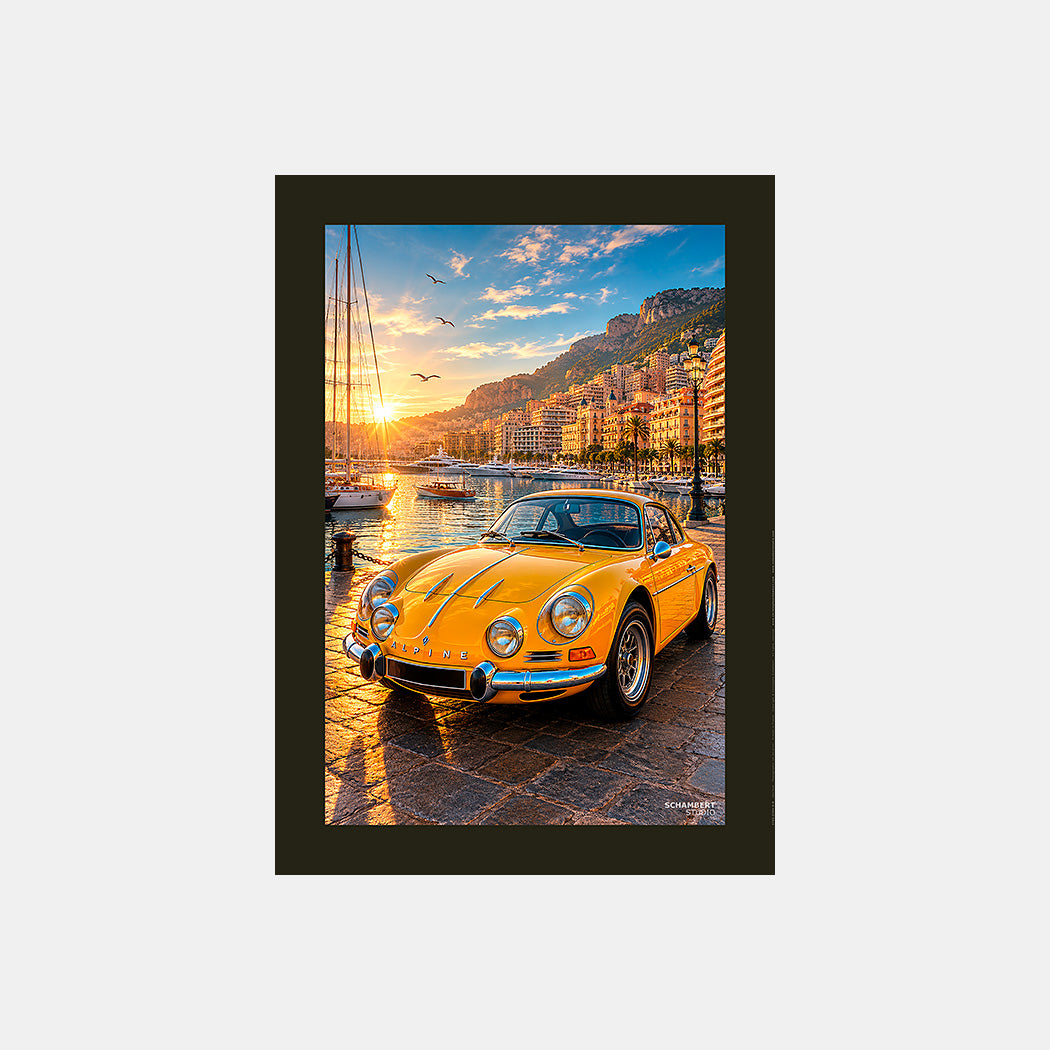Monaco Harbour Lights | Affiche auto Grand Touring French Riviera - Design avec marge colorée.