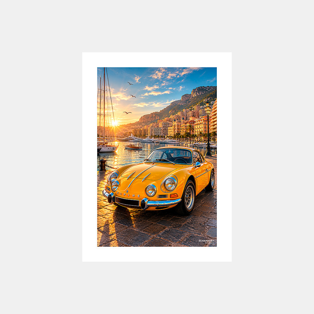 Monaco Harbour Lights | Affiche auto Grand Touring French Riviera - Design avec marge blanche.