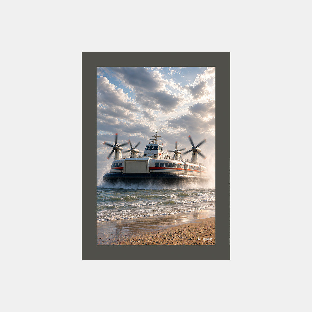 Calais | Affiche aéroglisseur Géants de la Manche - Design avec marge couleur.