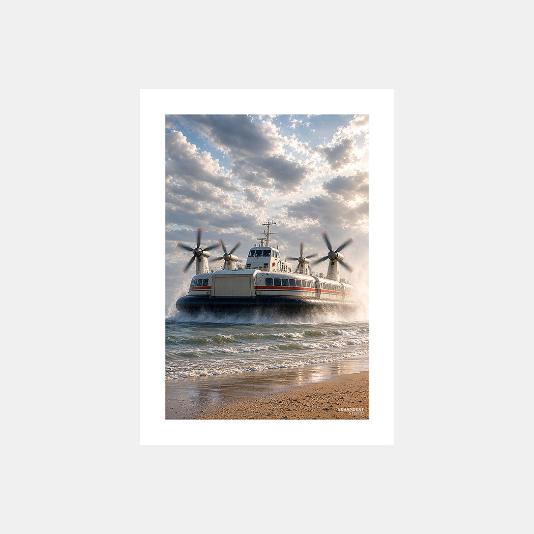 Calais | Affiche aéroglisseur Géants de la Manche - Design avec marge blanche.