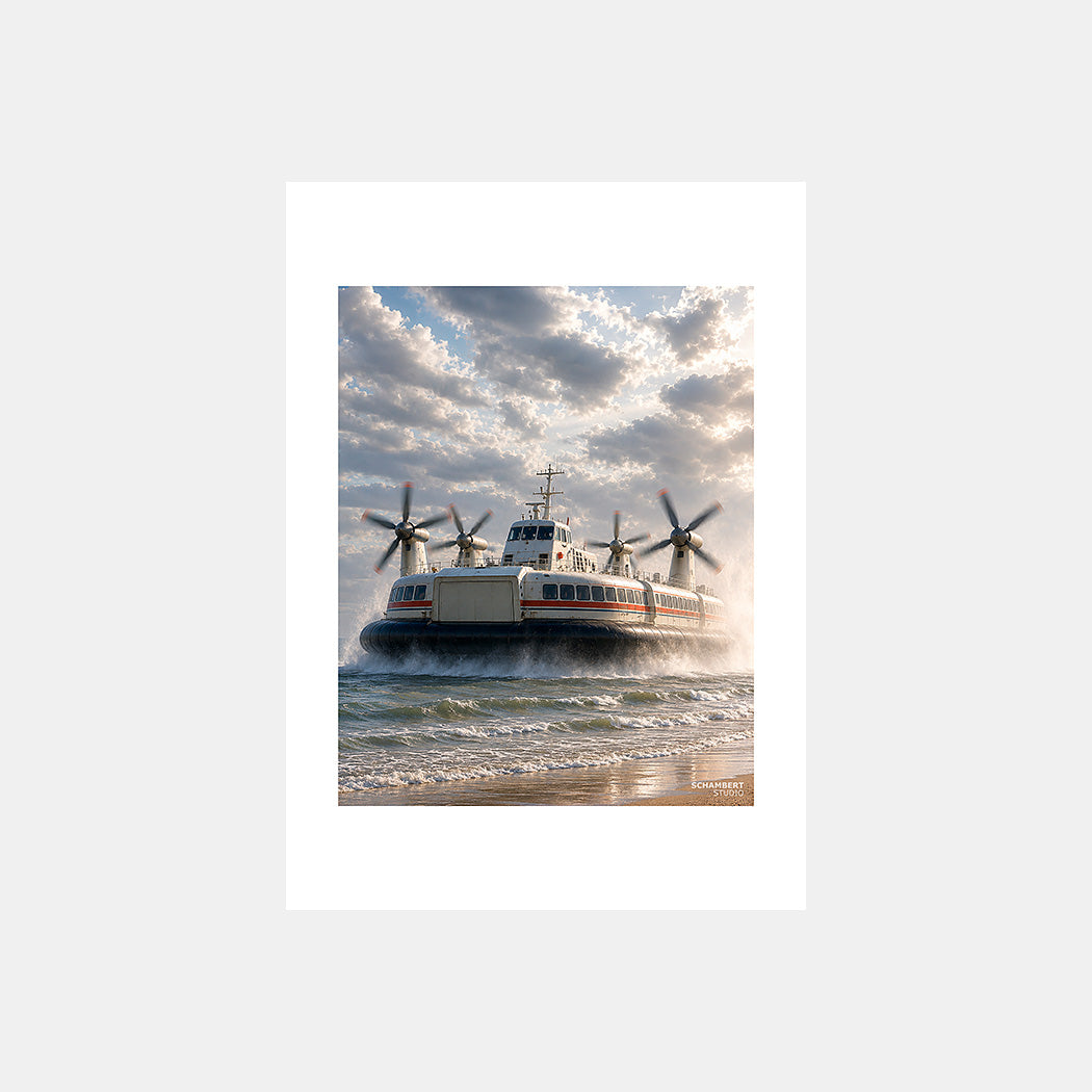 Calais | Affiche aéroglisseur Géants de la Manche - Design avec marge large blanche.