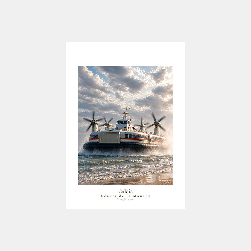 Calais | Affiche aéroglisseur Géants de la Manche - Design avec légende.