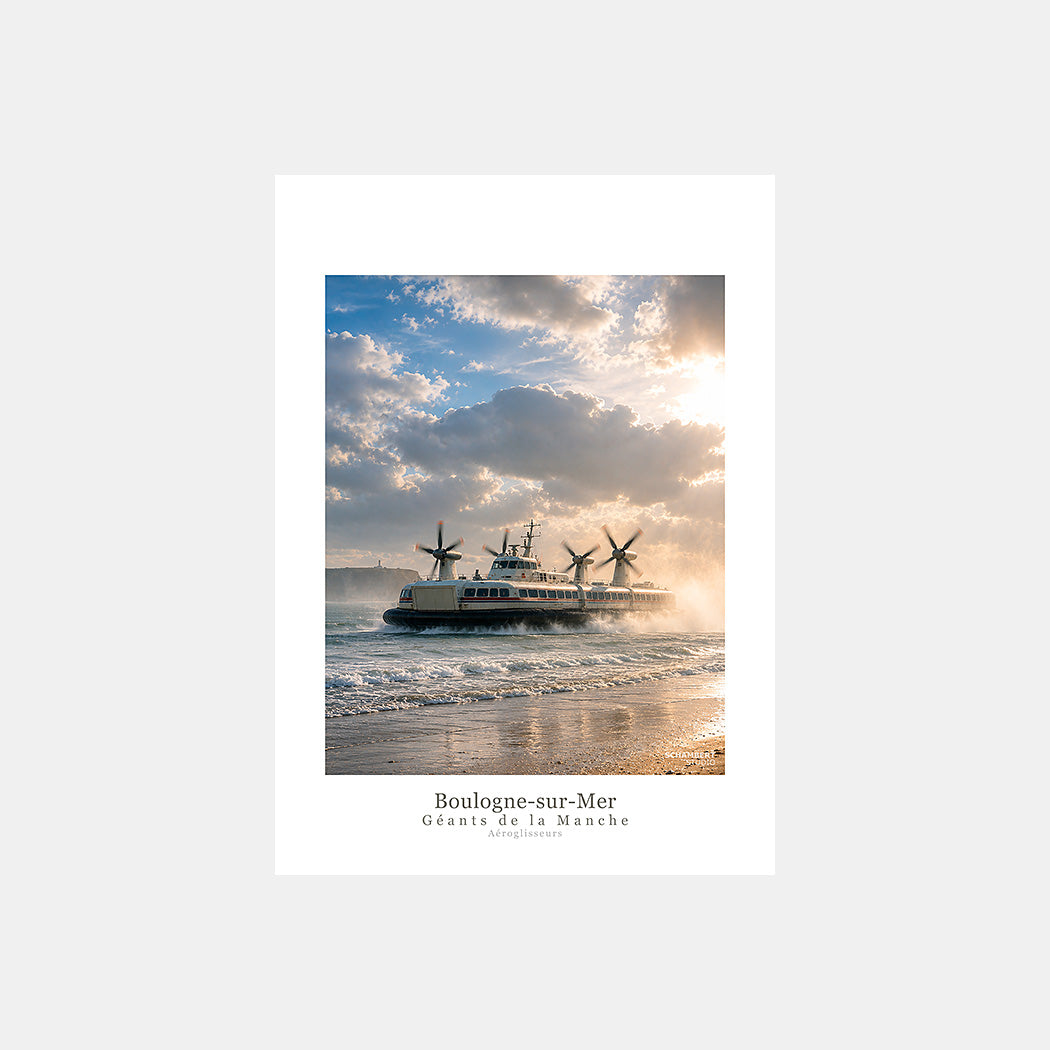 Boulogne-sur-Mer | Affiche aéroglisseur Géants de la Manche - Design avec légende.