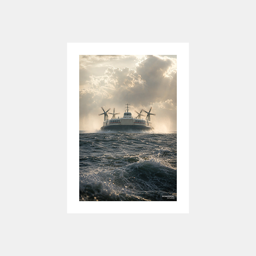 Dernier voyage | Affiche aéroglisseur Géants de la Manche - Design avec marge blanche.