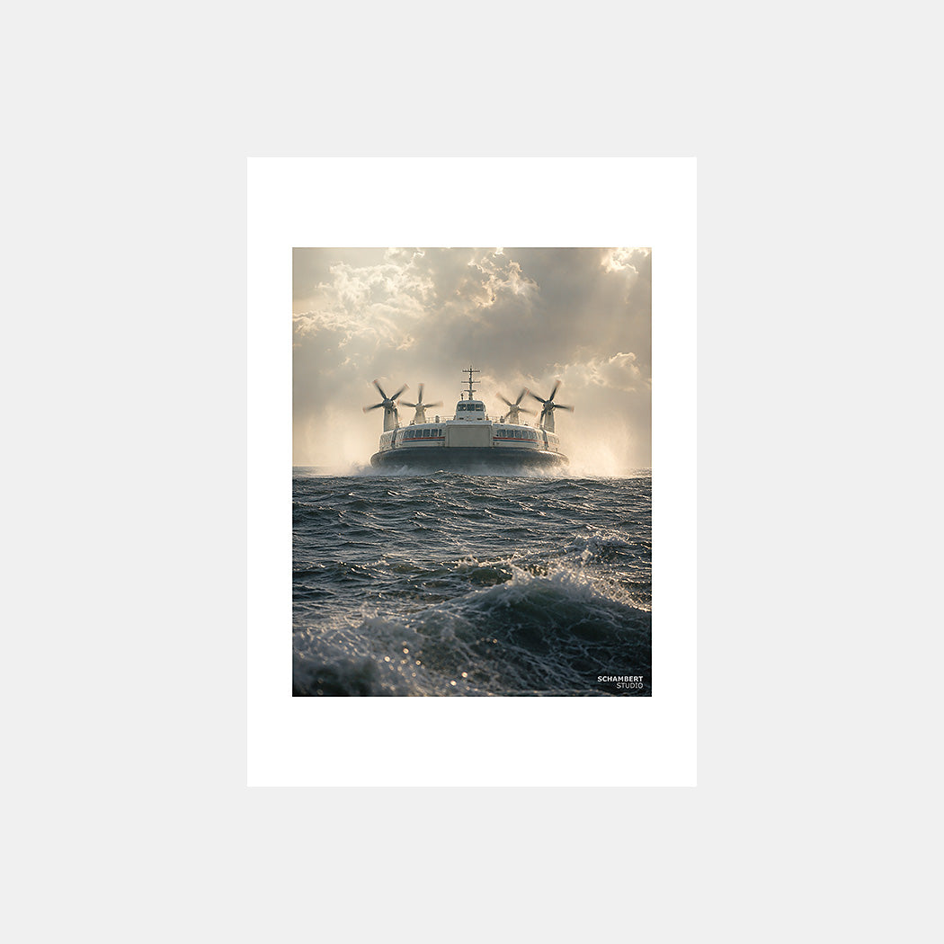 Dernier voyage | Affiche aéroglisseur Géants de la Manche - Design avec marge large blanche.