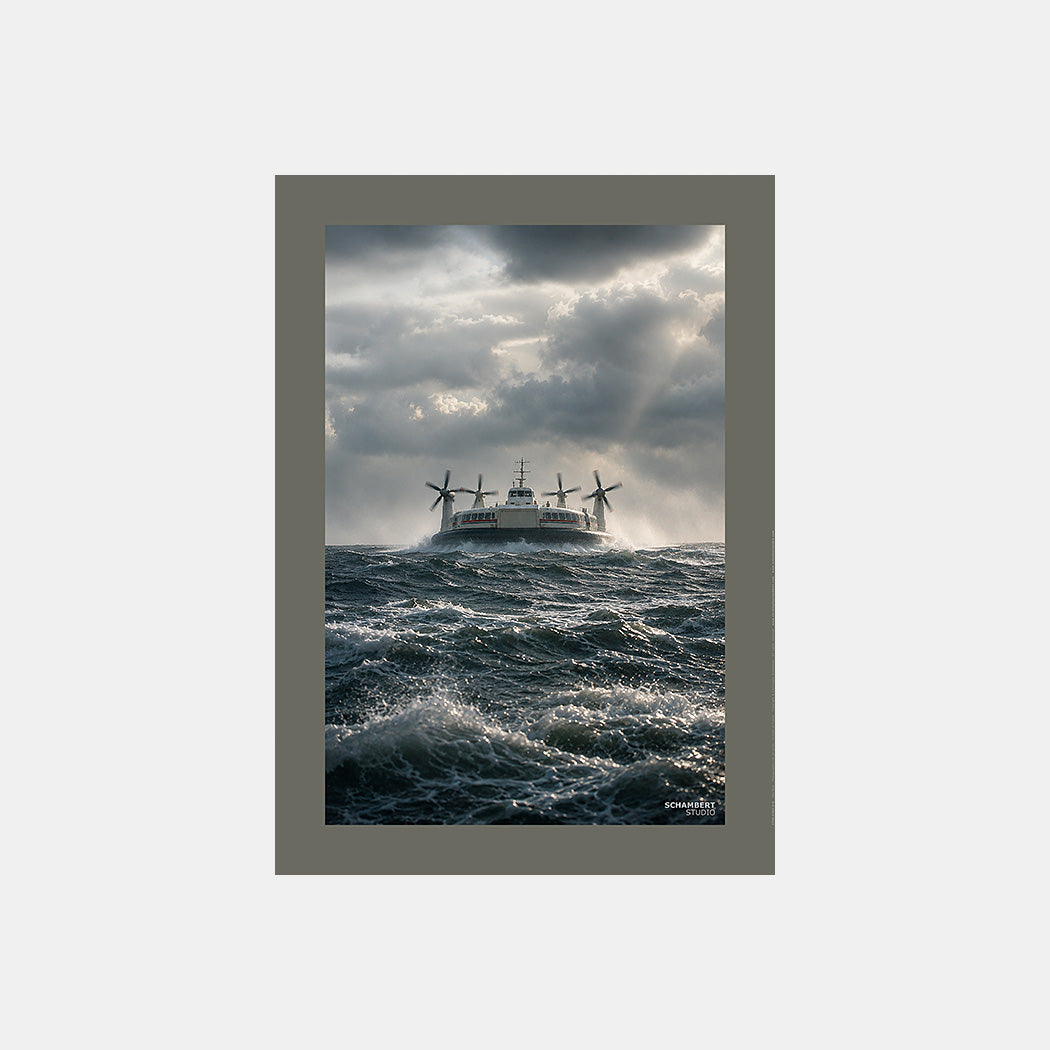 Sur le vent | Affiche aéroglisseur Géants de la Manche - Design avec marge couleur.