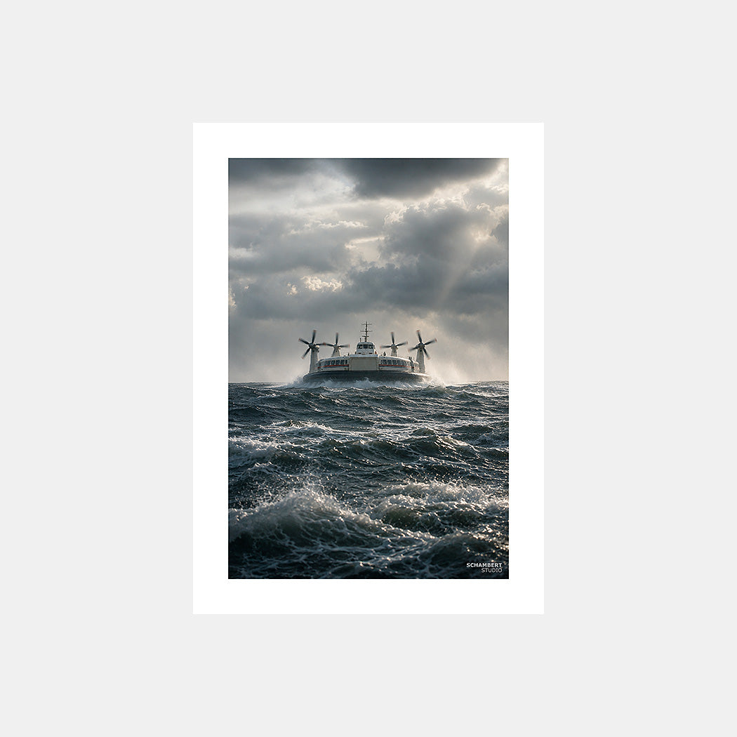 Sur le vent | Affiche aéroglisseur Géants de la Manche - Design avec marge blanche.