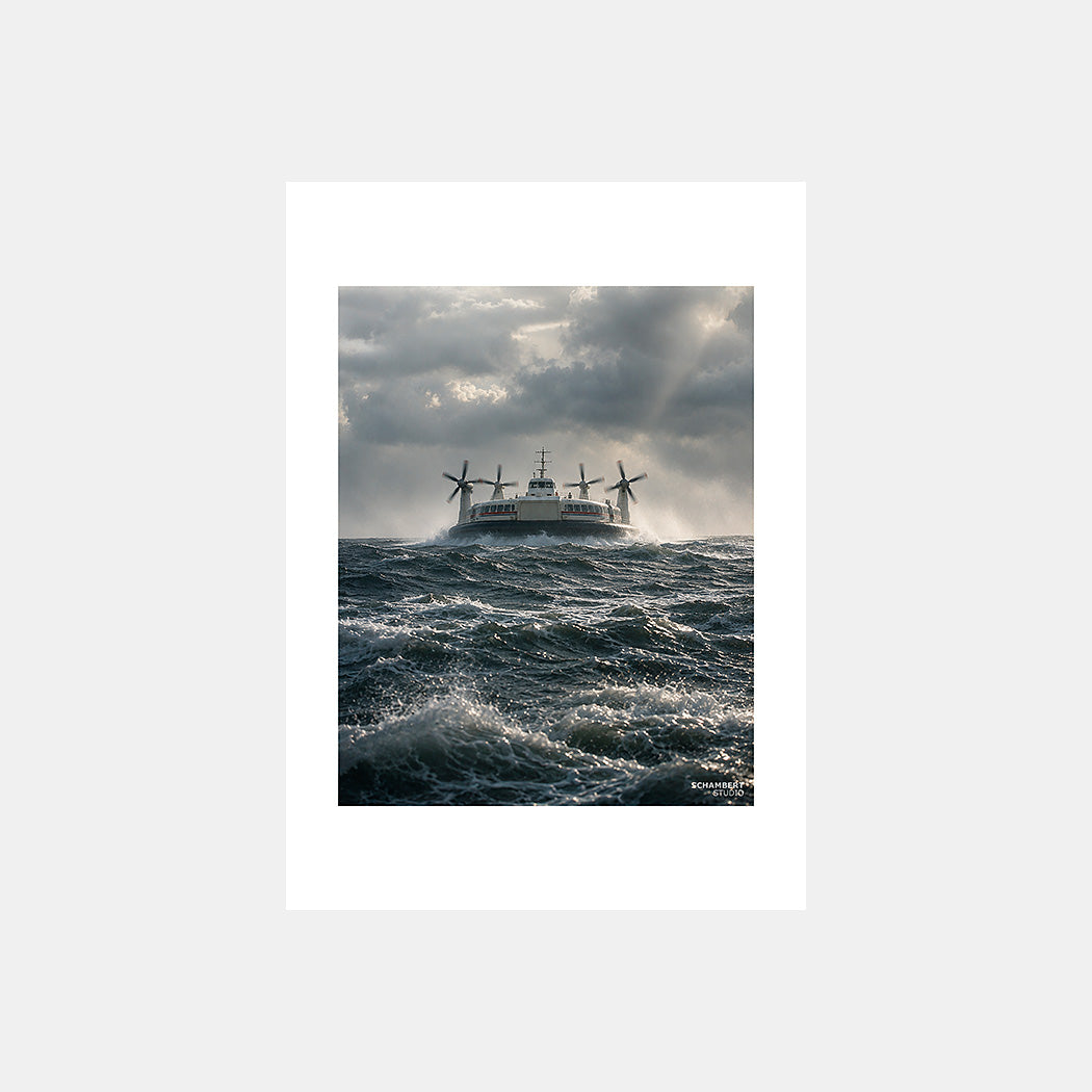 Sur le vent | Affiche aéroglisseur Géants de la Manche - Design avec marge large blanche.