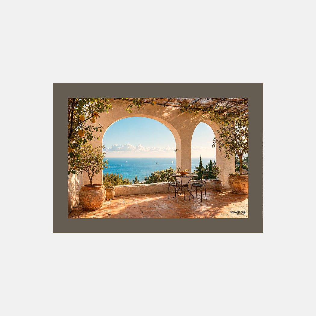 Arched terrace | Affiche Art de vivre Mediterranean Riviera - Design avec marge couleur.