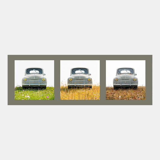 4 CV – Printemps Été Automne | Affiche auto vintage triptyque - Design avec marge couleur.