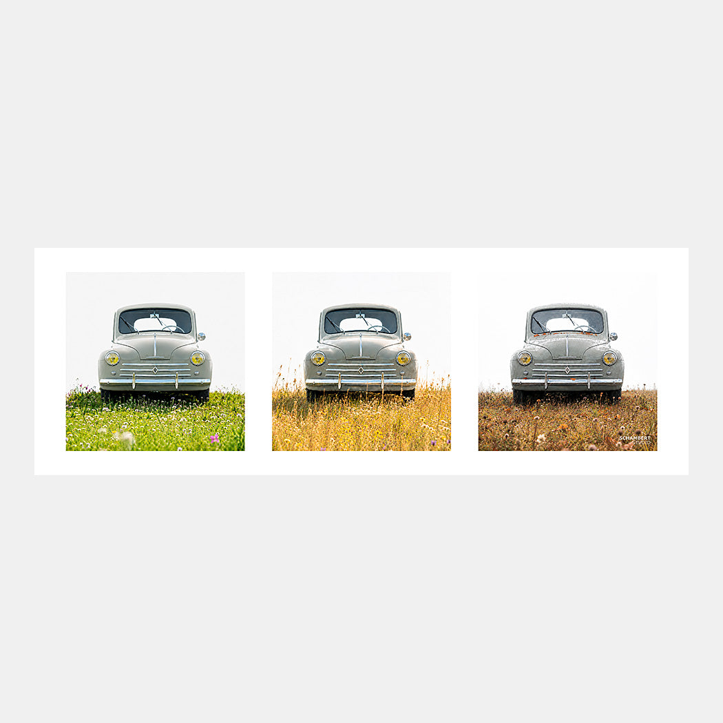 4 CV – Printemps Été Automne | Affiche auto vintage triptyque - Design avec marge blanche.