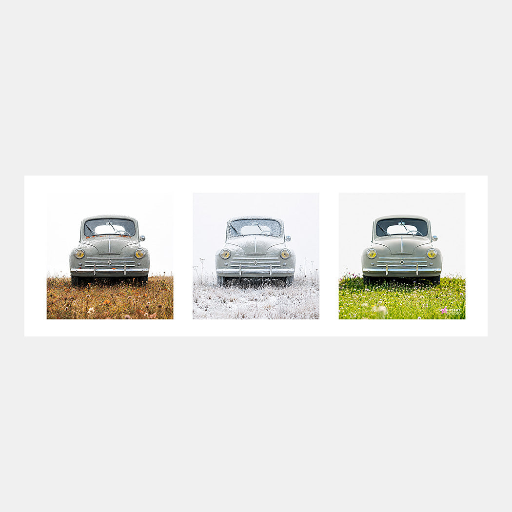 4 CV – Automne Hiver Printemps | Affiche auto vintage triptyque - Design avec marge blanche.
