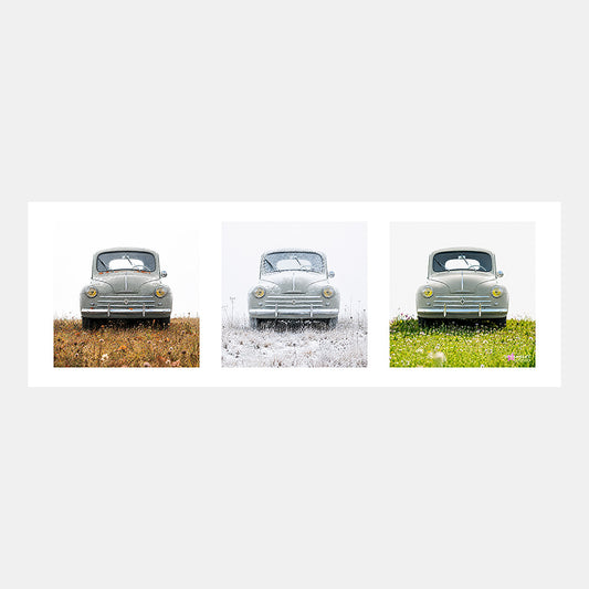 4 CV – Automne Hiver Printemps | Affiche auto vintage triptyque - Design avec marge blanche.