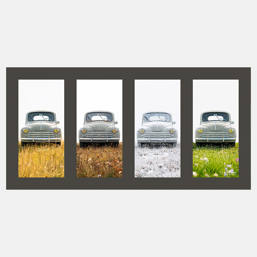 4 CV – Les Quatre Saisons | Affiche auto vintage quadriptyque - Design avec marge couleur.