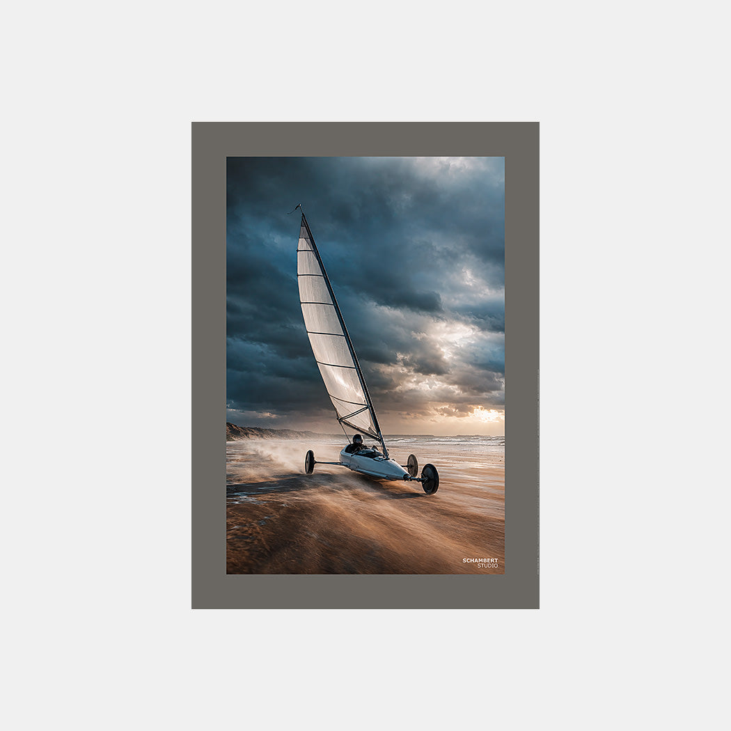 Douce tempête | Affiche chars à voile sur la Côte d'Opale - Design avec marge couleur.