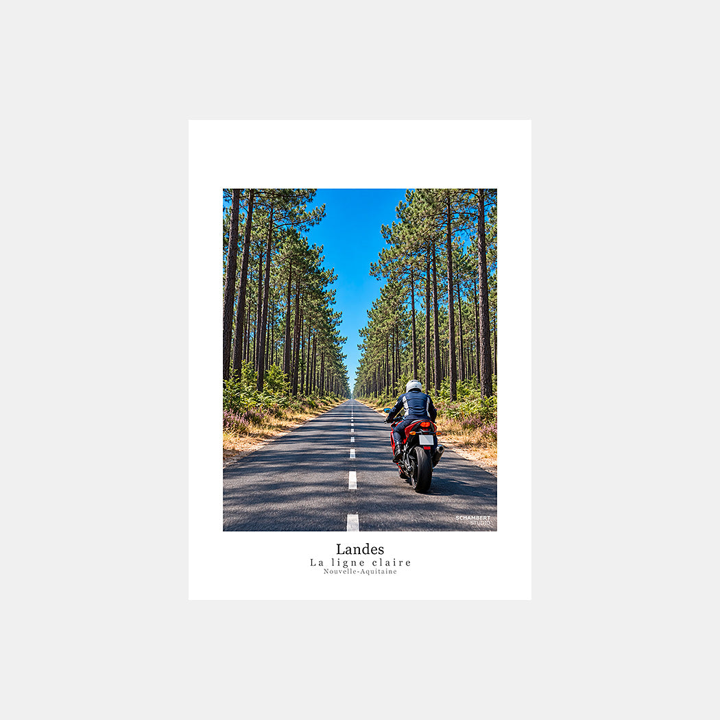Landes | Affiche moto La ligne claire Nouvelle-Aquitaine - Design avec légende.