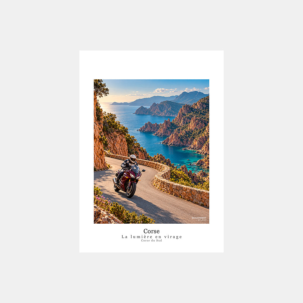 Corse | Affiche moto La lumière en virage Corse du Sud - Design avec légende.