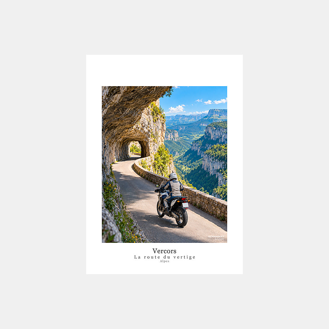 Vercors | Affiche moto La route du vertige Alpes - Design avec légende.