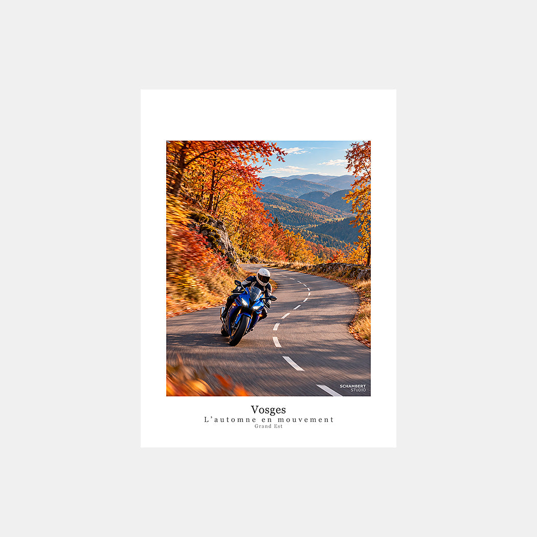 Vosges | Affiche moto L'automne en mouvement Grand Est - Design avec légende.